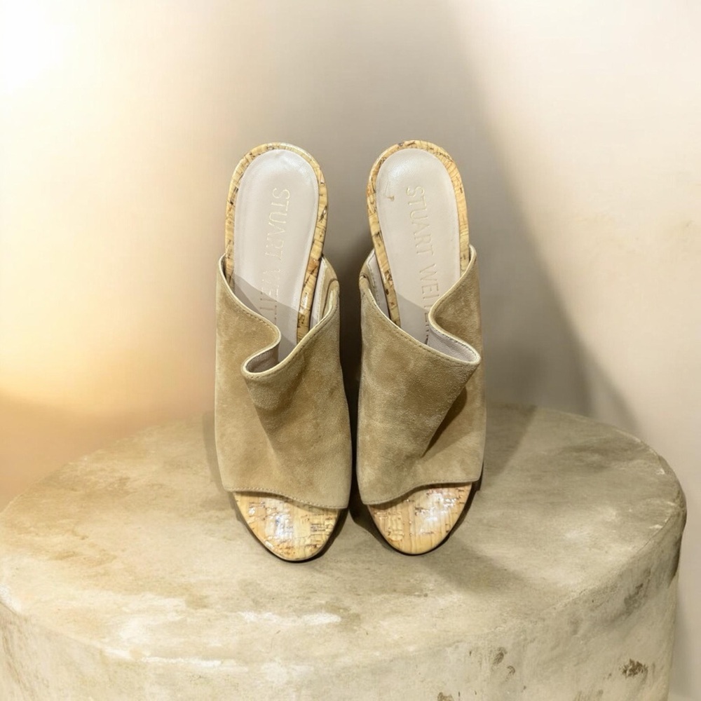 Stuart Weitzman Beige Suede Fold-Over Open-Toe Wedge Slides